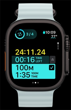 Apple Watch Ultra 2, показващ времеви интервал на тренировка като част от Custom Workouts.