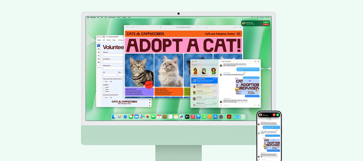Зелен iMac и iPhone един до друг. На екрана на iMac е показано съобщение за входящо обаждане на iPhone. И на двете устройства е показано приложението Messages с идентични текстови разговори