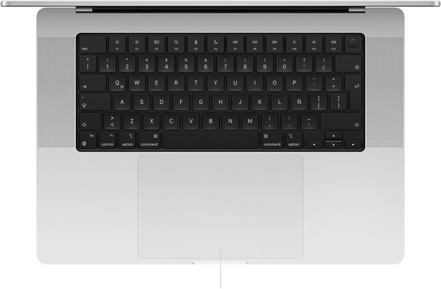 Vista desde arriba de un MacBook Pro de 16 pulgadas que muestra el trackpad Force Touch debajo del teclado