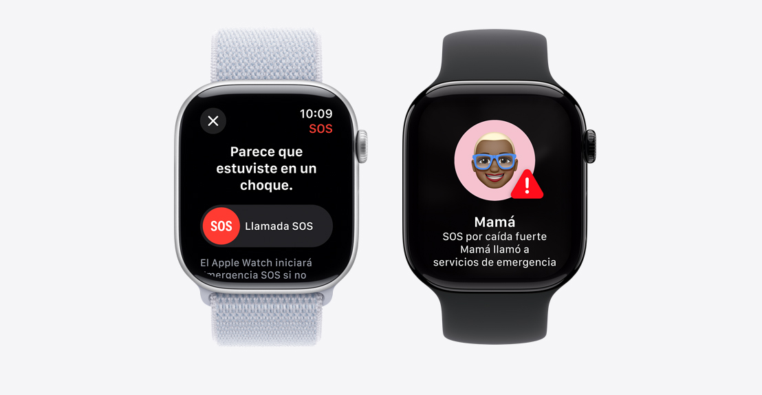 Dos Apple Watch Series 10. El primero muestra una notificación de Detección de Caídas con el botón de Llamada SOS. El segundo muestra una notificación de Mamá avisando sobre una caída fuerte y una llamada a los servicios de emergencia.