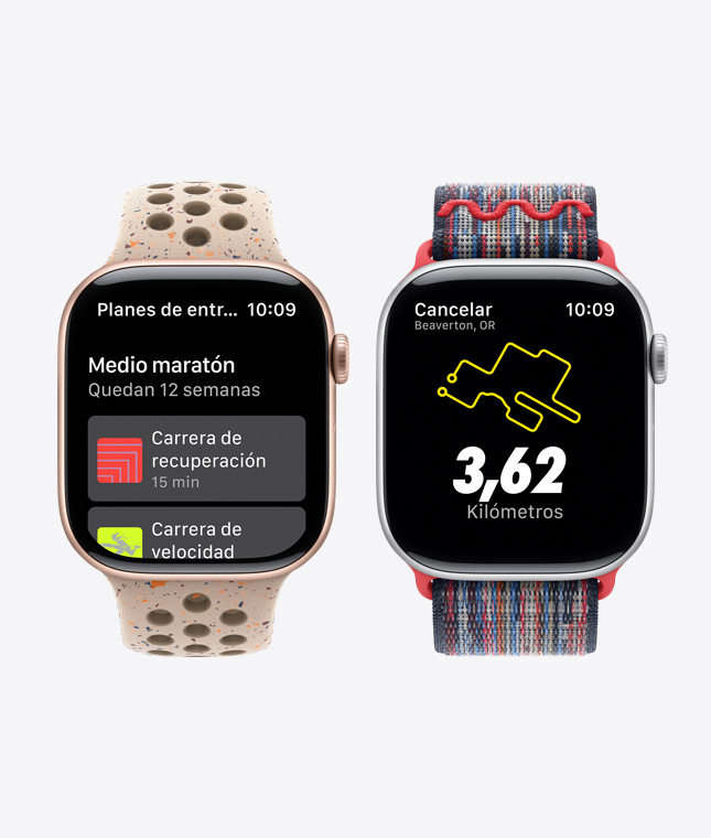 Dos dispositivos Apple Watch muestran funcionalidades de Nike Run Club: planes de entrenamiento y una ruta de la carrera.