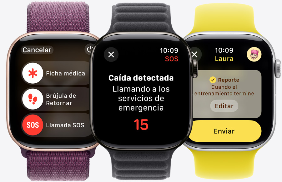 El control de Llamada SOS se muestra junto a los controles de Ficha Médica y la Brújula de Retornar en un Apple Watch Series 10. Notificación de Detección de Caídas en un Apple Watch Series 10. Reporte a punto de ser enviado en un Apple Watch Series 10.