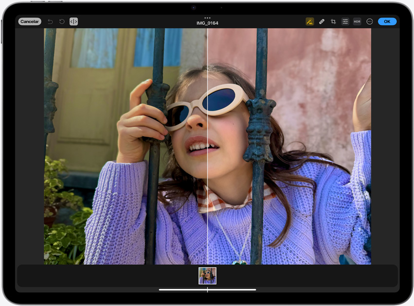 Foto de una niña con gafas de sol donde se muestra la tecnología True Tone