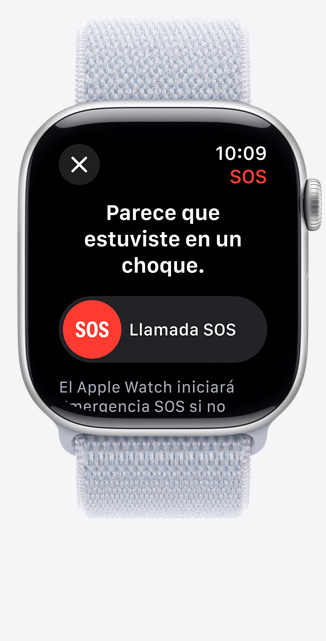 Pantalla de un Apple Watch Series 10 con una notificación de Detección de Choques.