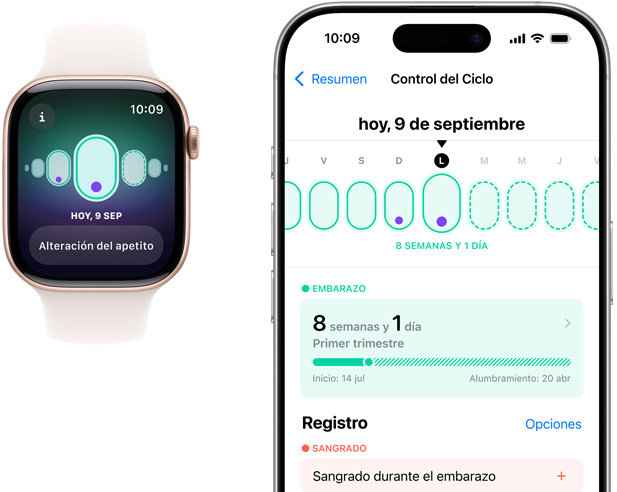 La pantalla de un Apple Watch muestra el seguimiento del embarazo con el síntoma “Alteración del Apetito”. La pantalla de un iPhone muestra la edad gestacional y el seguimiento del embarazo en la app Control del Ciclo.