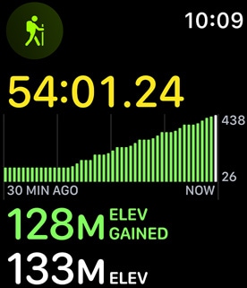 The hiking workout displaying elevation gain.