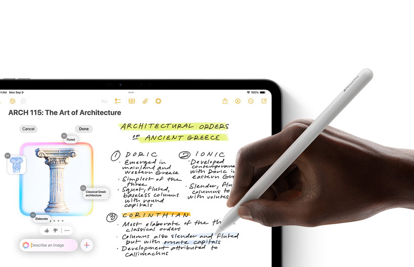 Eine Hand zeichnet mit dem Apple Pencil einen Kreis um eine Skizze in der Notizen App auf dem iPad.