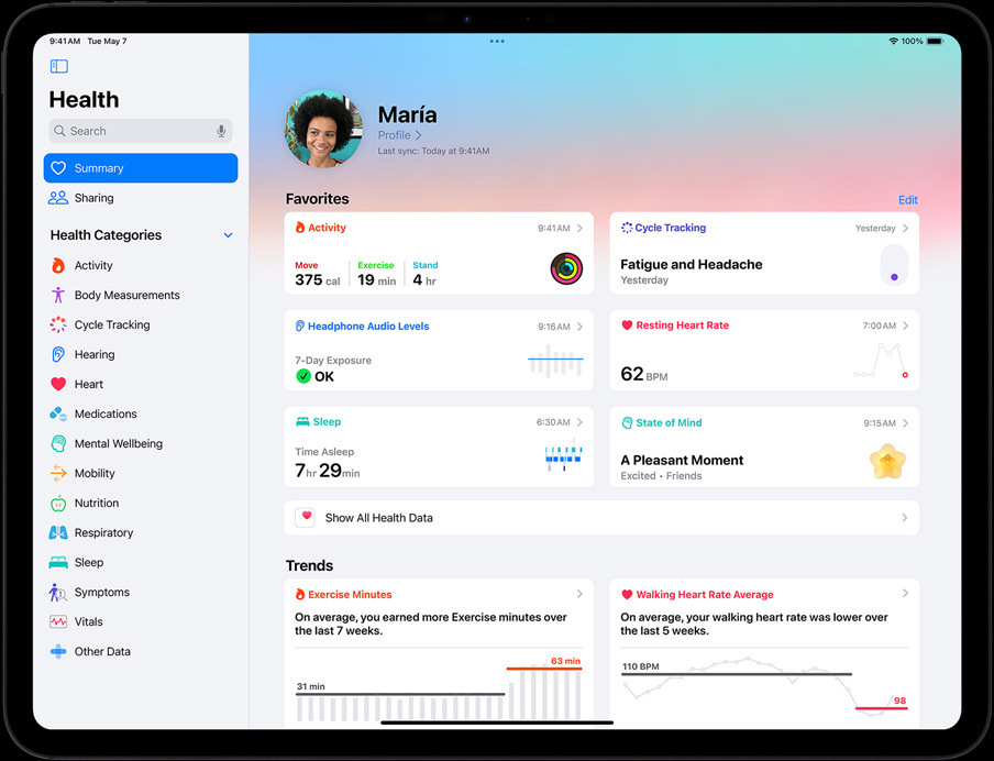 iPad Pro in landscape orientation, screen displaying user's Health app summary