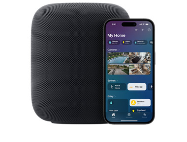 A Midnight HomePod with iPhone showing My Home UI on the Home app