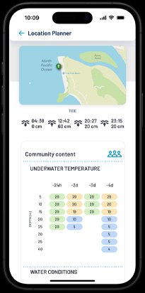 Local dive conditions with community feedback displayed as part of location planning.