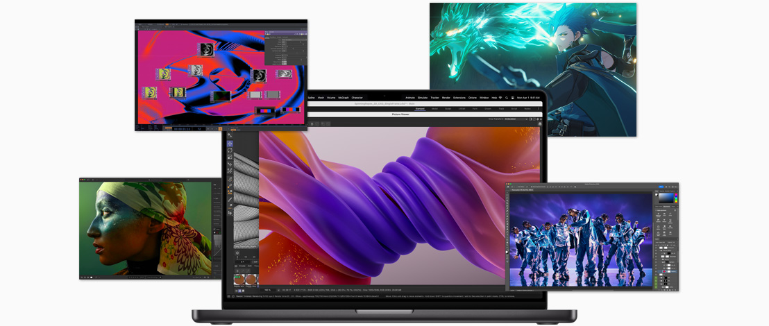 Several screens demonstrate sharp images and productive apps that function on Apple silicon.