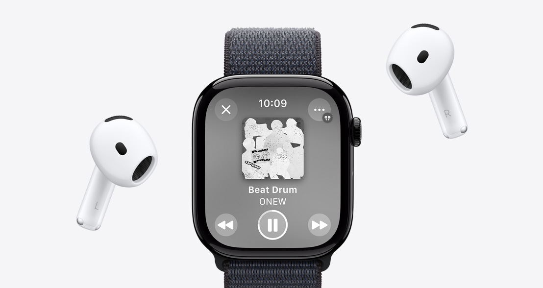 AirPods 4 around an Apple Watch Series 10 with an Apple Music Playlist playing.