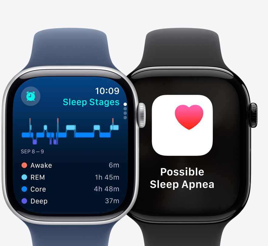 Front view of two Apple Watch Series 10 showing a Sleep Stages screen and a Possible Sleep Apnea notification.