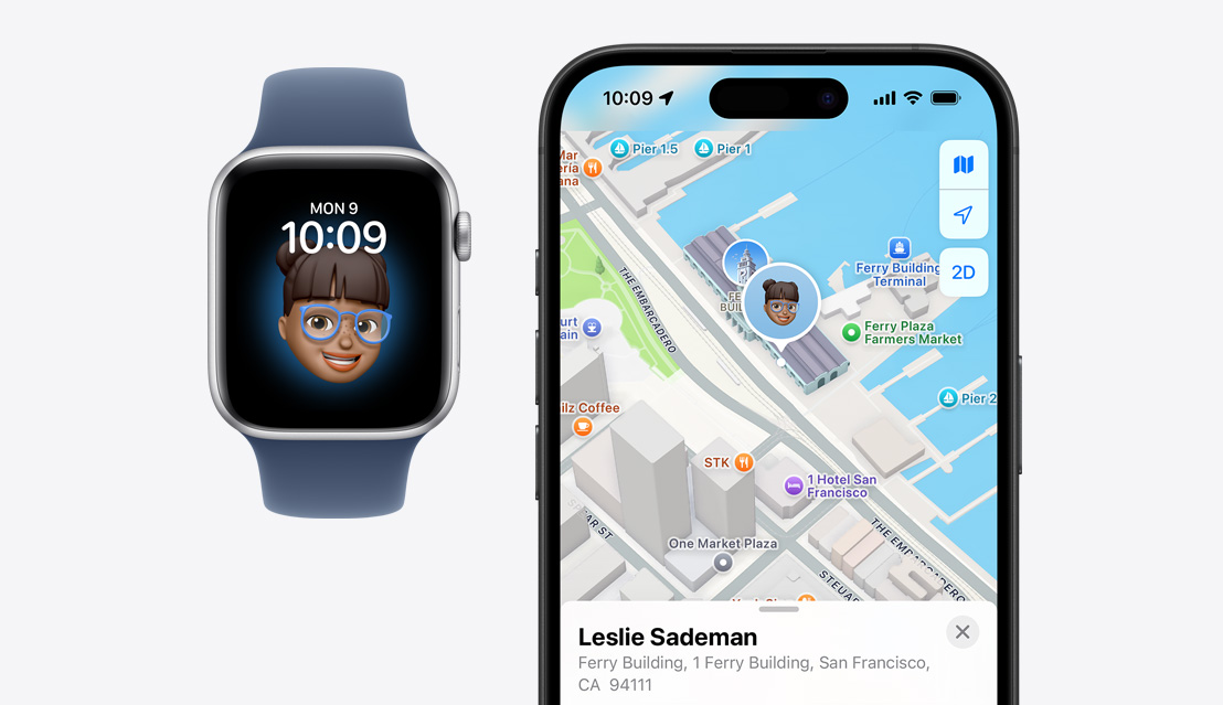 Apple Watch SE 的螢幕顯示孩子的頭像，而旁邊的 iPhone 16 則在尋找 app 中顯示了孩子的位置。