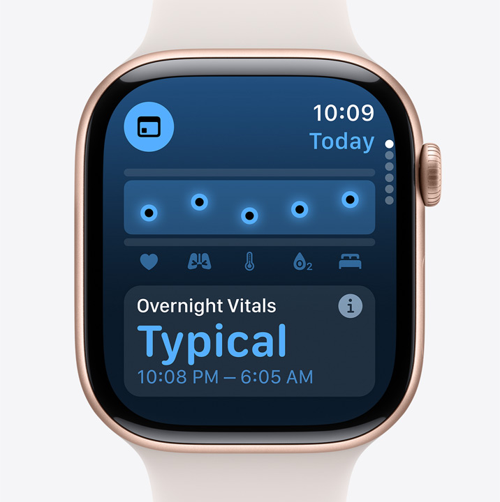 A Vitális jelek app tipikus éjszakai egészségadatokat mutat egy Apple Watch Series 10 kijelzőjén.