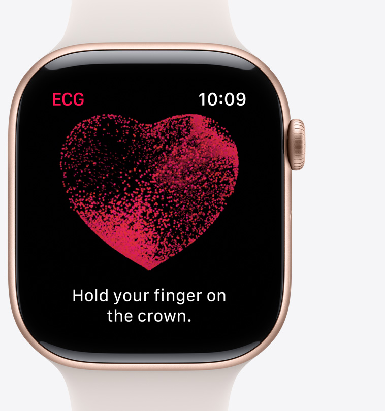 Az Apple Watch Series 10 elölnézetből, a kijelzőn az EKG app.