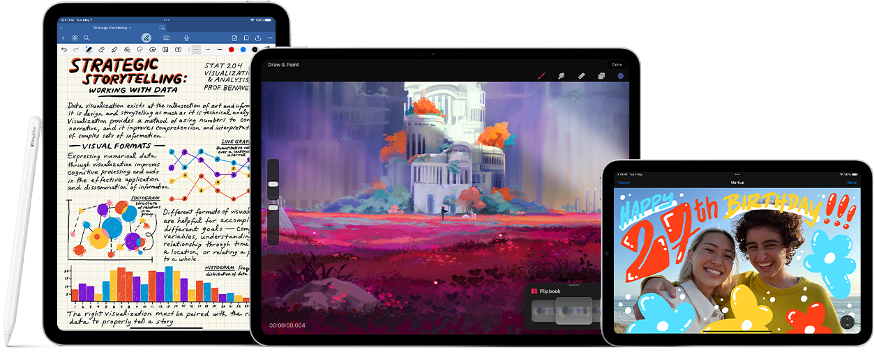 Tiga iPad, menghadap ke depan, diletakkan berdampingan. Di kiri, iPad generasi ke-10, orientasi potret dengan Apple Pencil generasi ke-1. Di tengah, iPad Pro, orientasi lanskap, memperlihatkan gambar warna-warni dengan Apple Pencil Pro yang menempel di bagian atasnya. Di kanan, iPad mini, orientasi lanskap dengan Apple Pencil generasi ke-2 yang menempel di bagian atasnya. Apple Pencil USB-C diletakkan secara horizontal di bagian depan antara iPad Pro dan iPad mini.