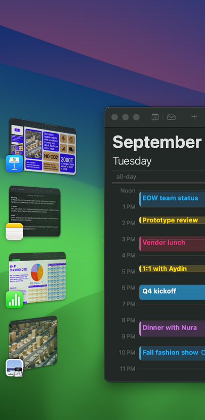 Berbagai aplikasi iOS yang ditampilkan di desktop, termasuk aplikasi Kalender yang terlihat paling jelas. Kalender memperlihatkan jadwal pada hari itu.