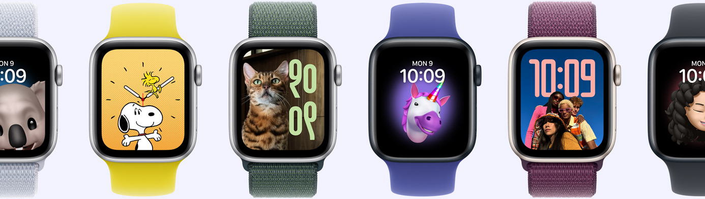 Six Apple Watch devices showing various watch face options, including Memoji, Photos, Portrait and Snoopy