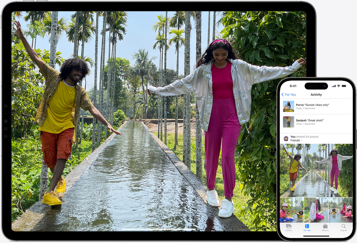 iPad and iPhone screens of iCloud Photos featuring images of a father with his two daughters at the beach