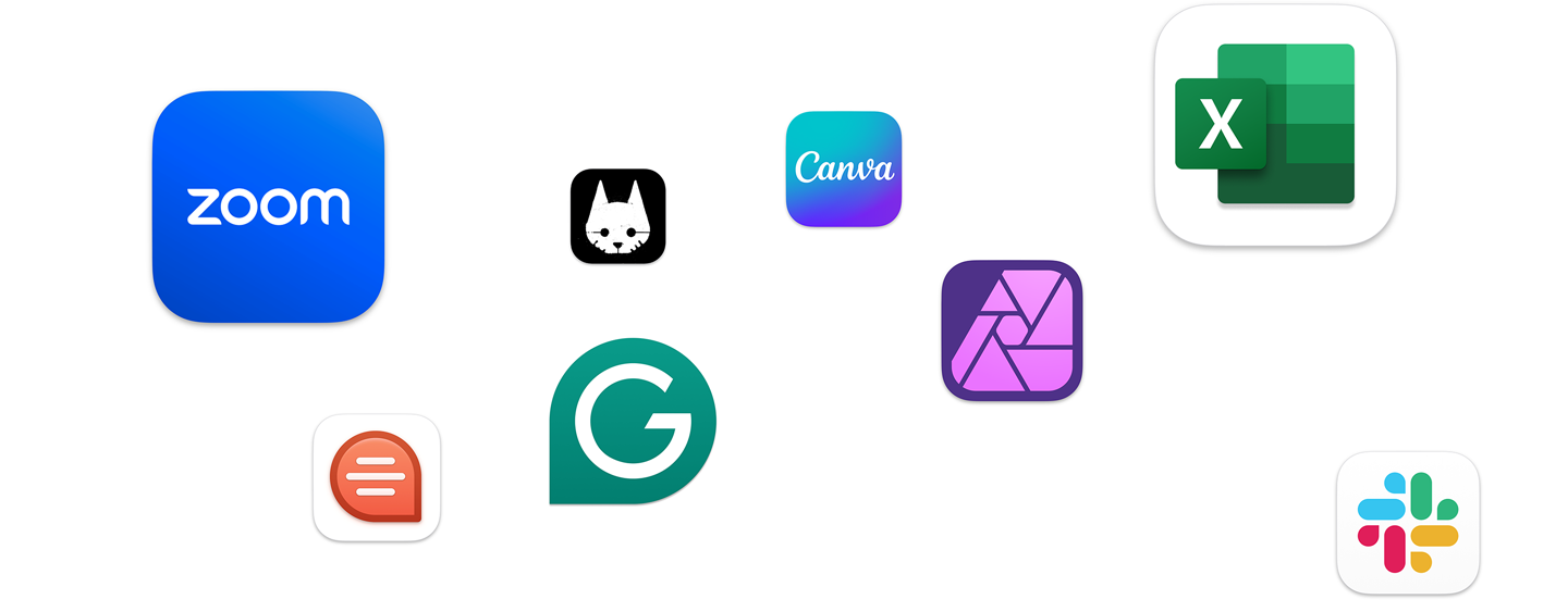 Various app icons floating on screen, including Zoom, Canva, Microsoft Excel, and Adobe Photoshop