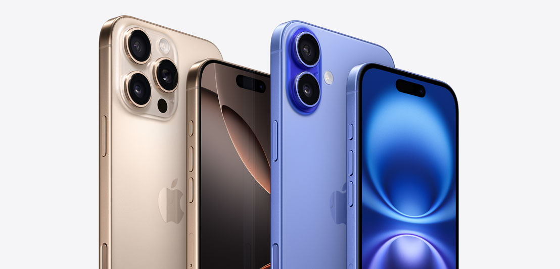 Four iPhone devices, including two iPhone 16 Pro models in Desert Titanium, one showing three camera lenses behind another iPhone Pro showing the Dynamic Island. Next to two iPhone 16 models in Ultramarine, one showing 2 camera lenses and another iPhone 16 showing the Dynamic Island.