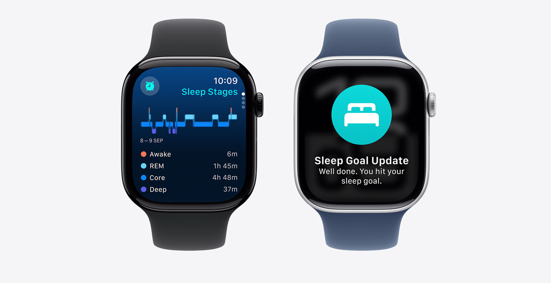 Two Apple Watch Series 10. The first shows Sleep Stages data. The second shows a Possible Sleep Apnoea notification.