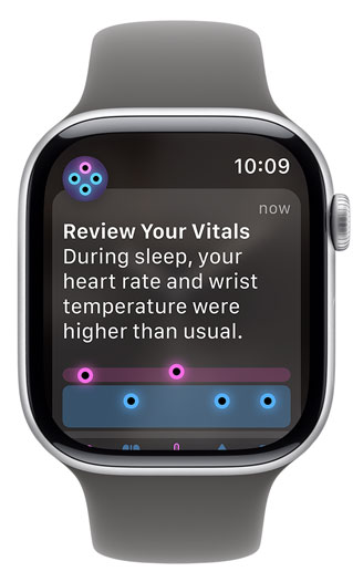 Apple Watch screen displaying and alert "Review Your Vitals"