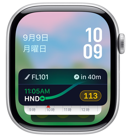 Flightyアプリのウィジェットが表示されたApple Watchの画面