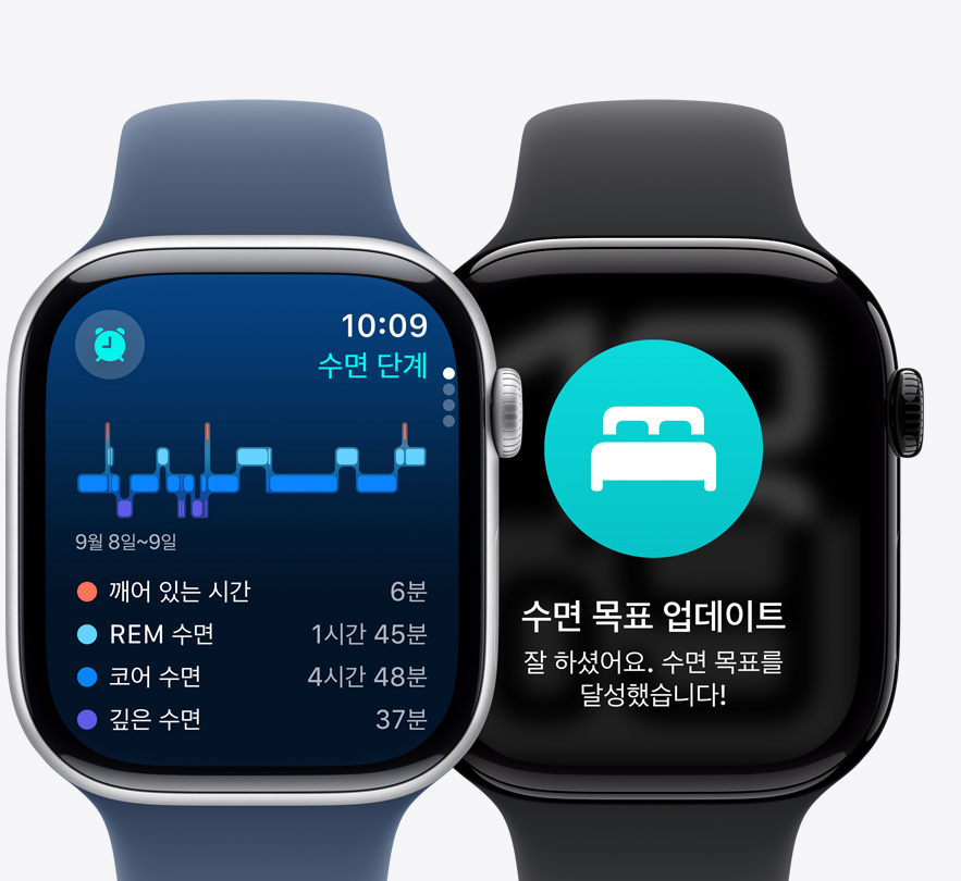 각각 수면 단계 화면과 수면 목표 달성 메시지가 표시되어 있는 Apple Watch Series 10 두 대의 앞모습.