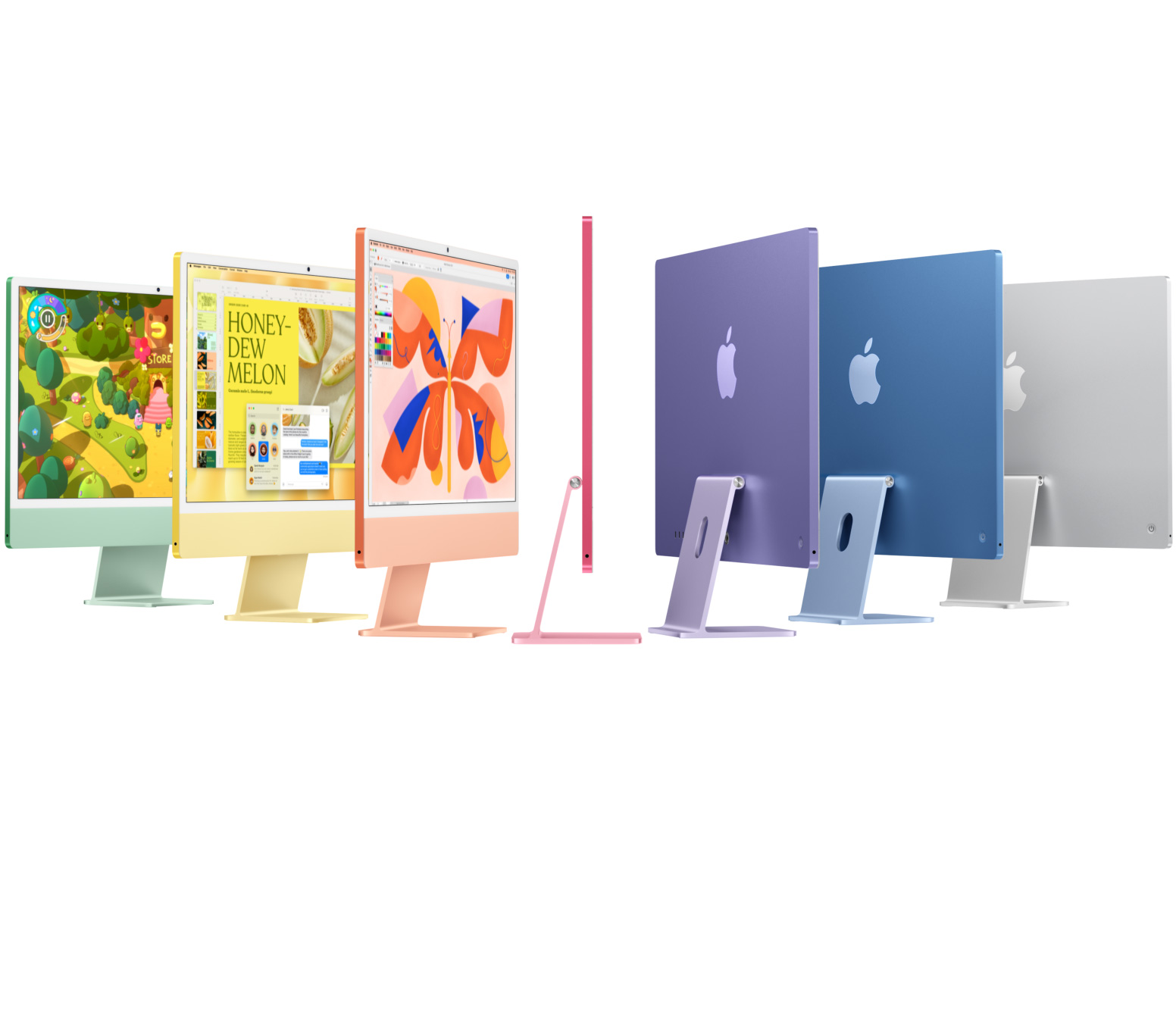 Siete computadoras iMac en distintos colores (verde, amarillo, naranja, rosa, morado, azul y color plata) organizadas como un acordeón