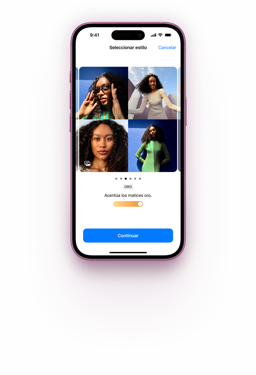 Cuatro opciones de Estilos Fotográficos en la pantalla de un iPhone 16 rosa