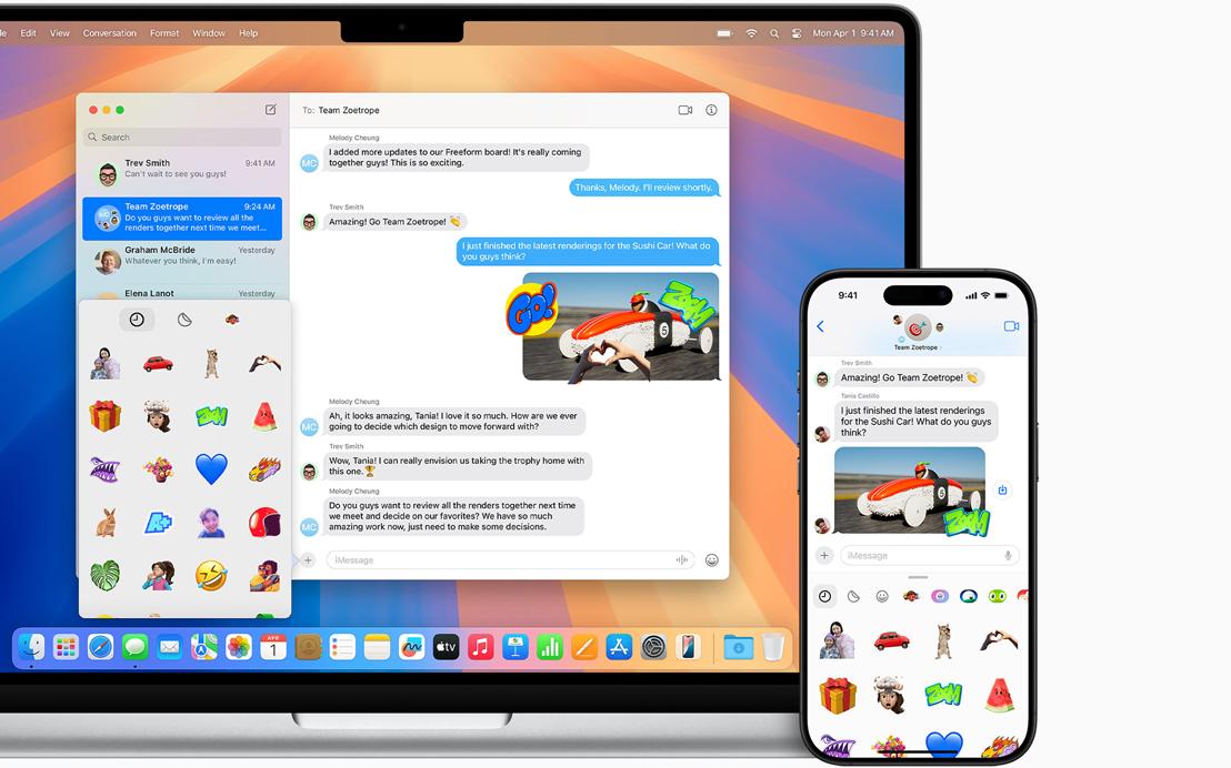 An open Mac laptop with an iPhone next to it, demonstrating on both screens the use of the Messages app, with the same texts and images on both.