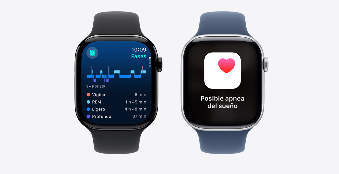 Dos Apple Watch Series 10. El primero muestra los datos de Fases del Sueño.
																				El segundo muestra una notificación de Posible Apnea del Sueño.