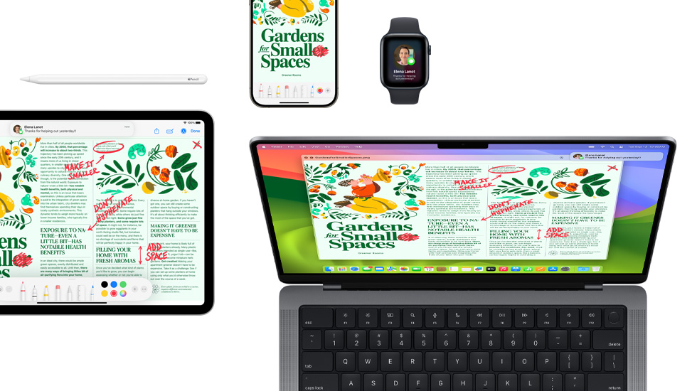 A suite of devices including an iPad, iPhone, Watch, and Mac, all featuring the same content.