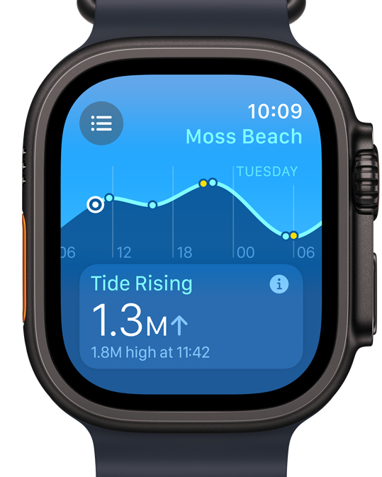 Apple Watch Ultra displaying the new Tides app onscreen.