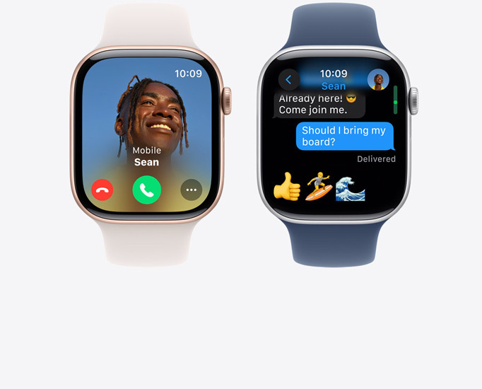 Vue de face de deux Apple Watch Series 10 affichant un appel et un SMS.