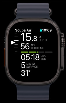 Apple Watch Ultra 2 displejs ar Oceanic+ aplikāciju.