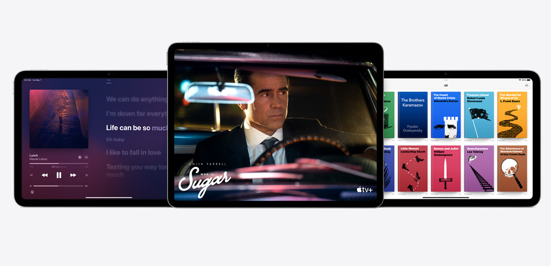 Divi iPad un iPad Air, kuros atvērtas Apple Music, Apple TV+ un Apple Books aplikācijas.