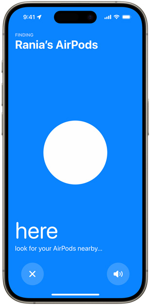 iPhone shows blue screen that appears while locating AirPods using Find My, white dot indicates location of AirPods releative to iPhone.