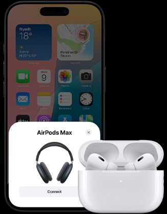 An open charging case with AirPods 4 inside, next to an iPhone showing that AirPods 4 have been connected.