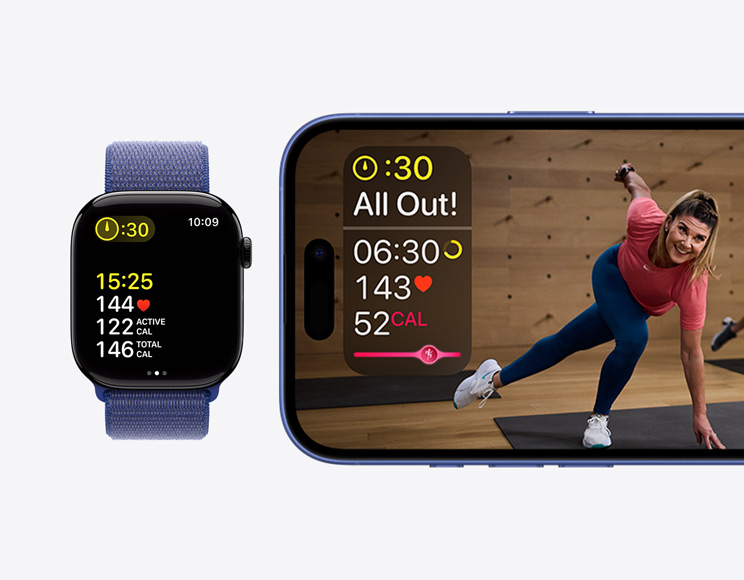 An Apple Fitness+ workout with time, heart rate, and calories burned metrics on an iPhone next to an Apple Fitness+ workout showing the same metrics on an Apple Watch Series 10.