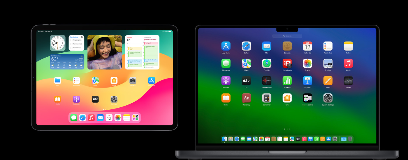 An iPad and a Mac displaying various app icons. The iPad shows several widgets, including Calendar, Weather, and Photos.