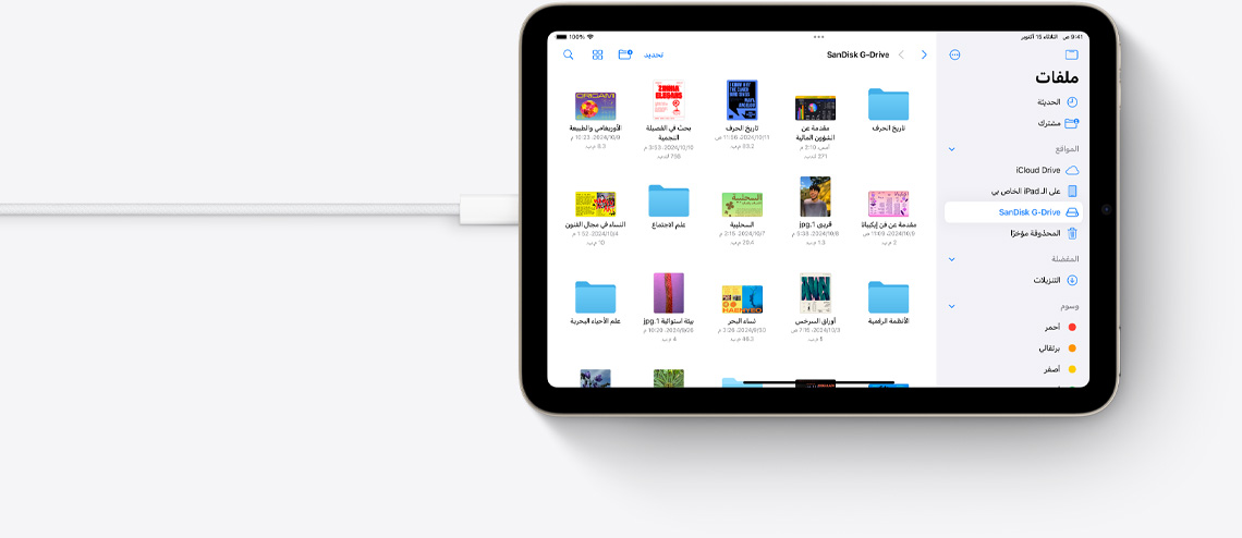 ملفات على جهاز iPad mini في وضع أفقي متصل بكابل USB-C‏.