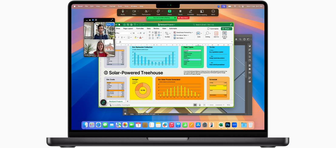 MacBook Pro screen shows Facetime, Microsoft Excel, and Adobe Photoshop.