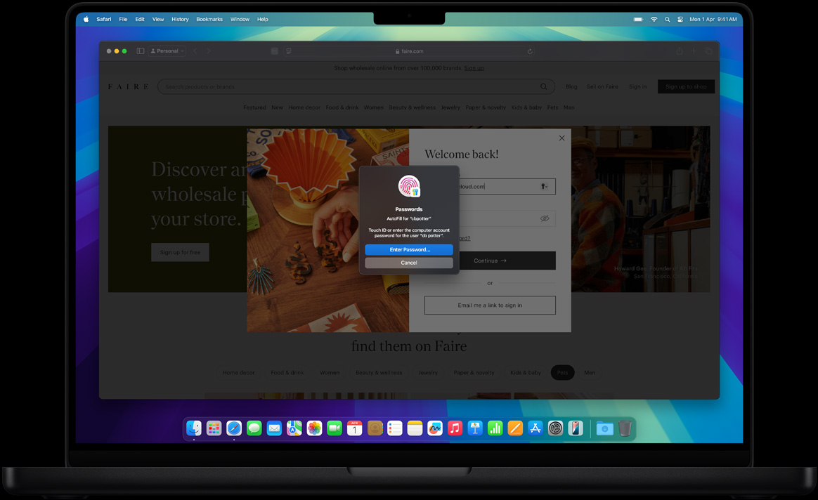 While browsing in Safari, a user is prompted to use Touch ID to sign into a website