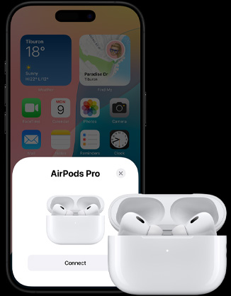 開蓋的充電盒內裝有 AirPods 4，旁邊有部 iPhone，展示已連接的 AirPods 4。