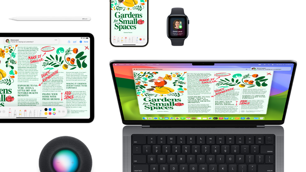 A suite of devices including an iPad, iPhone, Watch and Mac, all featuring the same content.