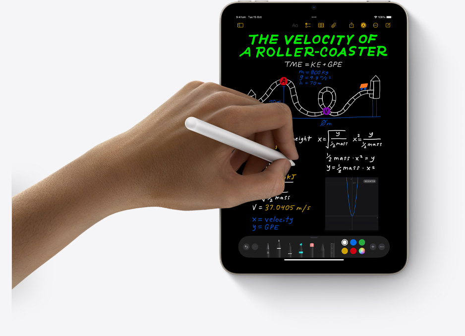 iPad mini in portrait view with a user’s hand using Apple Pencil Pro with Maths Notes.