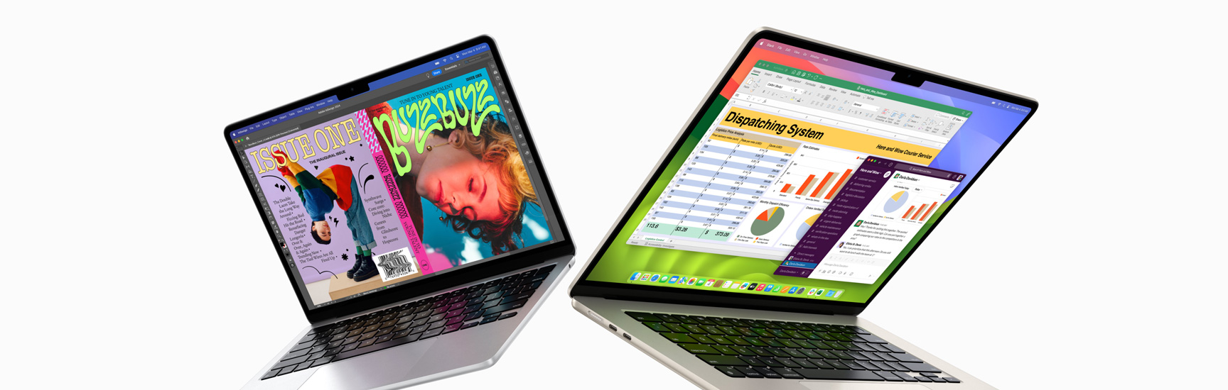 Partially open 13-inch MacBook Air on left and 15-inch MacBook Air on right. 13-inch screen shows colourful ‘zine cover created with In Design. 15-inch screen shows Microsoft Excel and Slack.